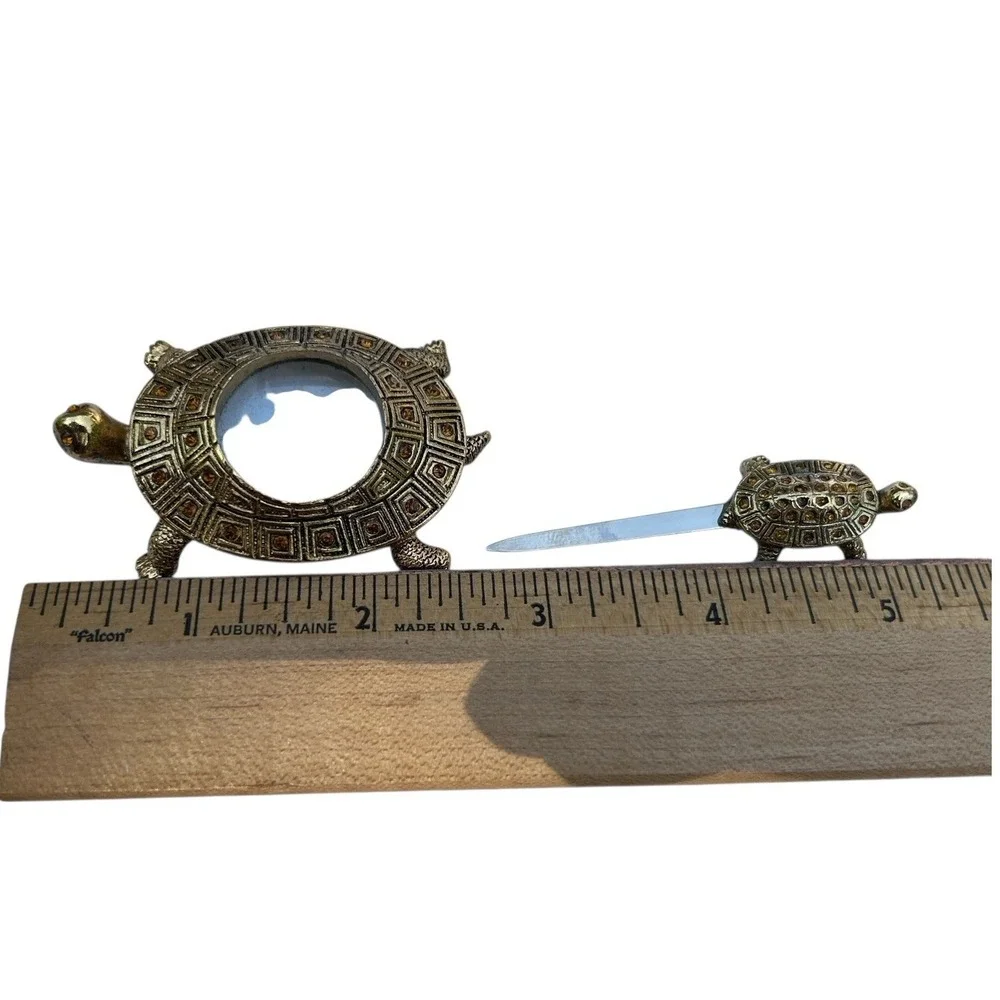 Bombay 3 Piece Turtle Topaz Jeweled Brass Trinket Box Desk Set Vintage Complete‎